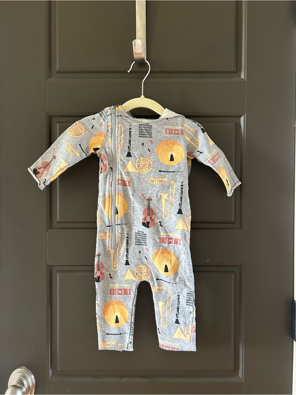 Monica + Andy Organic One-Piece Hoodie Coverall in Musical Instrument Print 3-6m